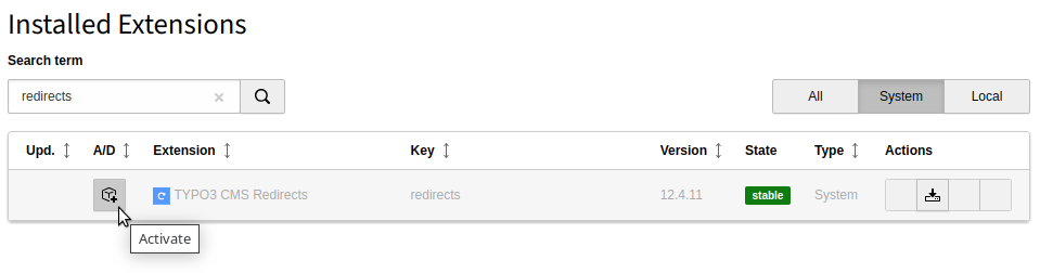 Extension manager showing Redirects extension