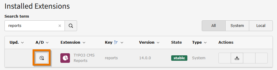 Extension manager showing Reports extension