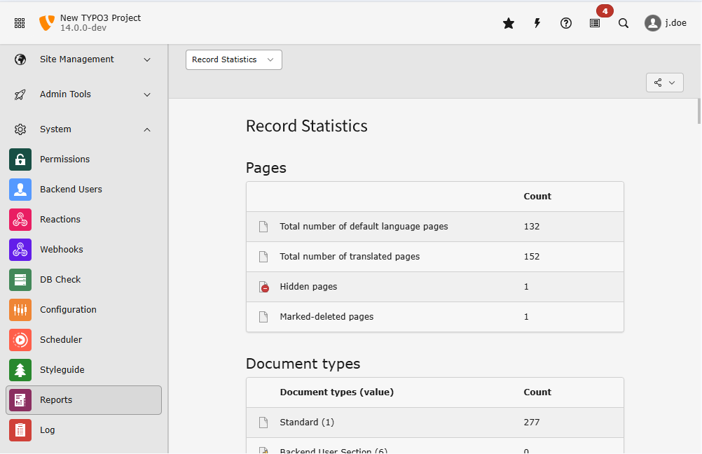 The TYPO3 backend module "Reports" with submodule "Record Statistics"