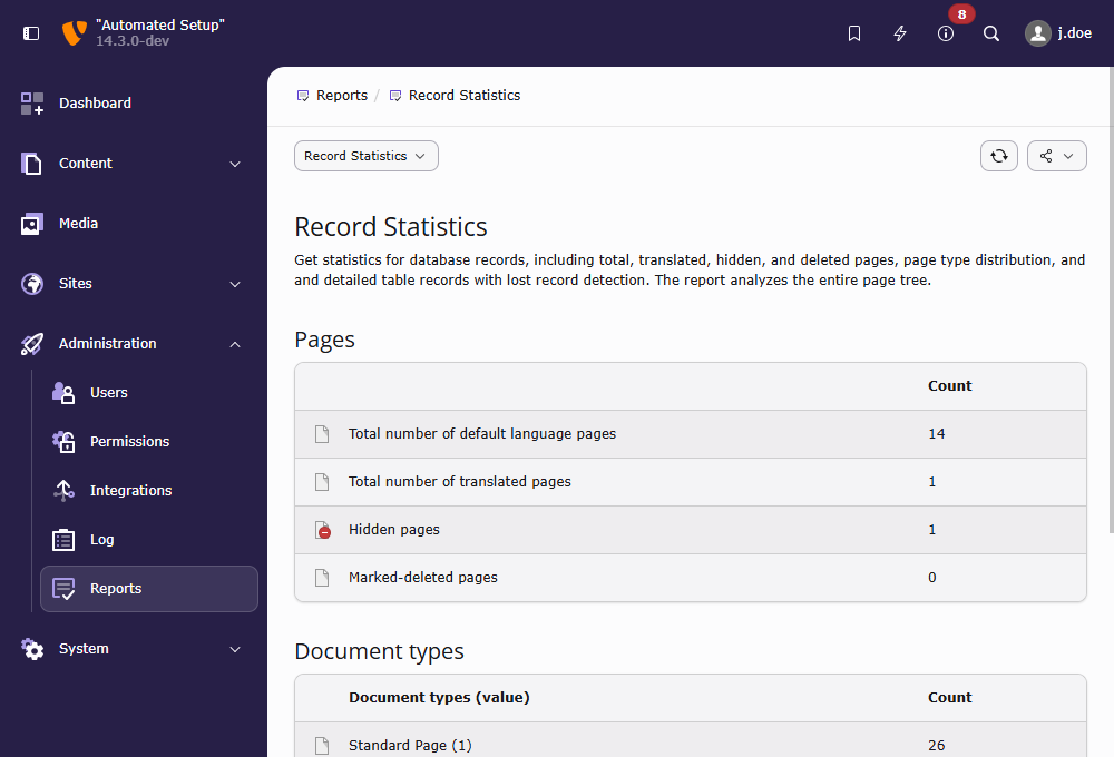 The TYPO3 backend module "Reports" with submodule "Record Statistics"