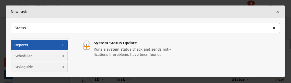 TYPO3 Backend module "Scheduler", "New task" popup, Category "Reports"