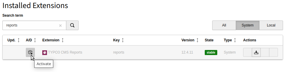 Extension manager showing Reports extension