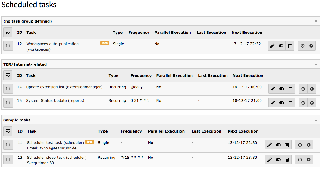 Overview of tasks with grouped