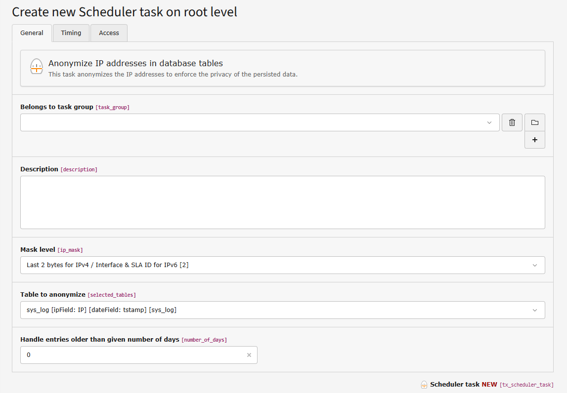 Screenshot of the form to Create new Scheduler task on root level