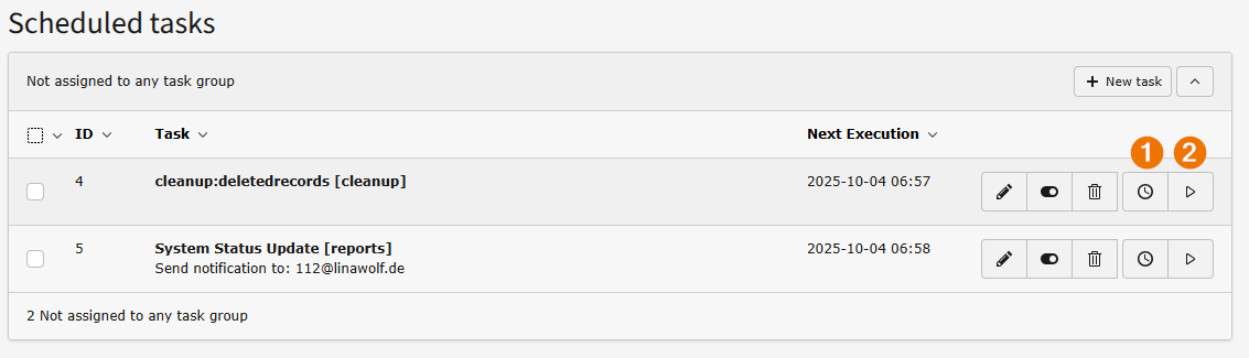 Scheduler backend module with the buttons "Run task on next cron job" (1) and "Run task" (2) highlighted