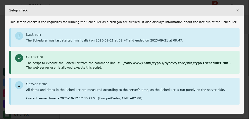 The "Setup check" modal popup in module "Scheduler"