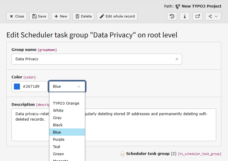 Screenshot of the task group form