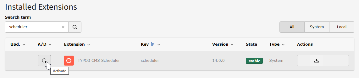 Extension manager showing Scheduler extension