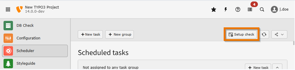 The TYPO3 Backend module "Scheduler" with Button "Setup check" highlighted