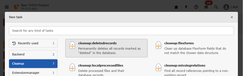 Screenshot of the "New task" wizard in the scheduler backend module