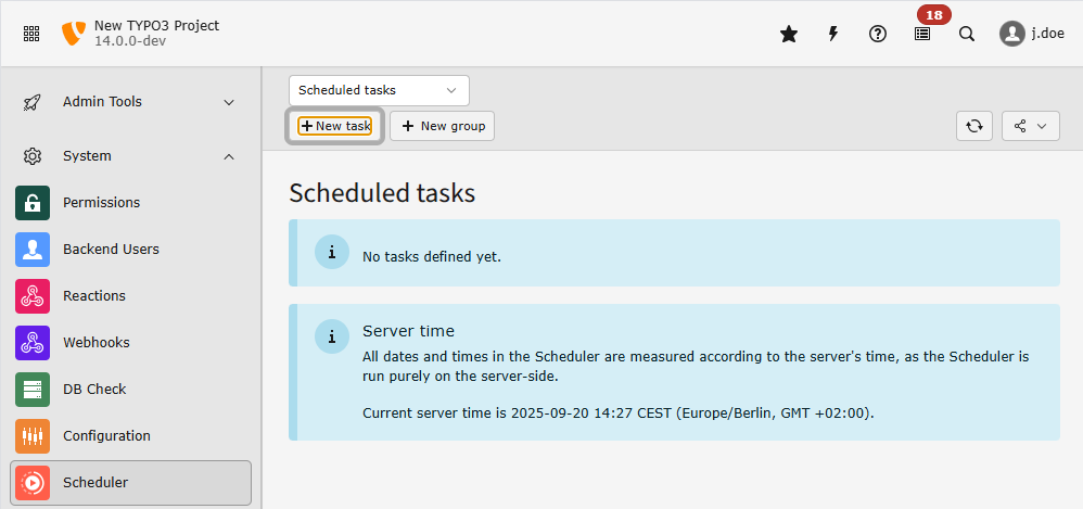 Screenshot of an empty scheduler module, No tasks defined yet.