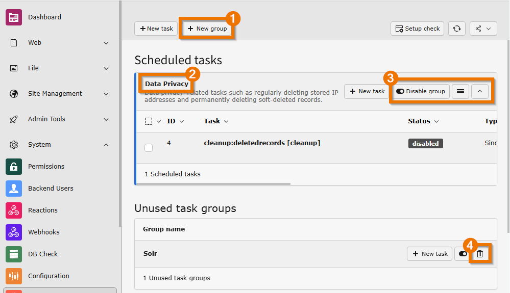 Screenshot of the TYPO3 backend module scheduler with buttons regarding groups highlighted