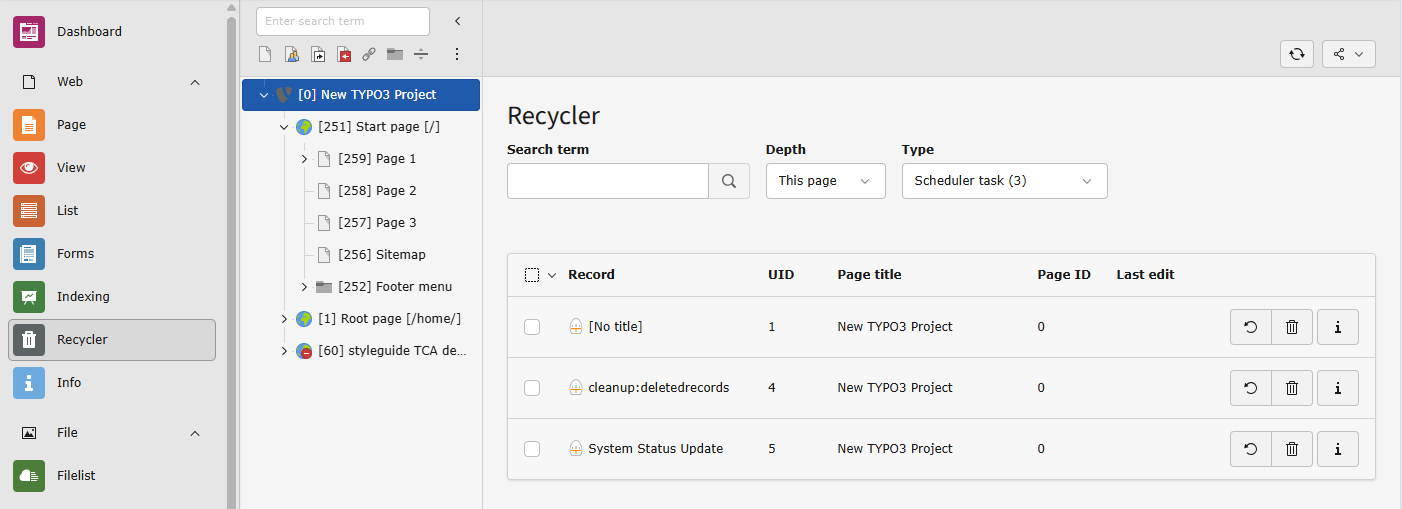 Screenshot of the TYPO3 Backend Recycler module on the root page 0 with type "Scheduler task" selected