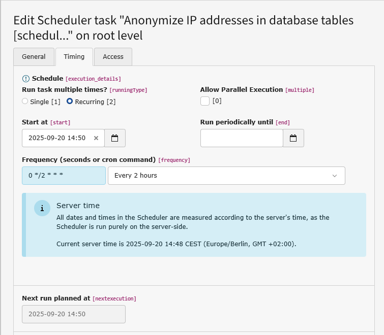 Screenshot of tab "Timing" the scheduler task form