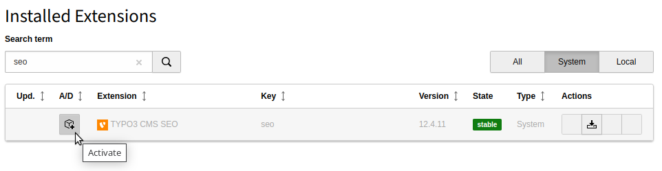 Extension manager showing SEO extension