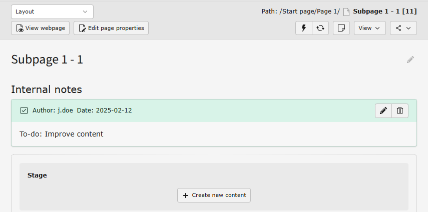 Screenshot of a TODO note on the top of the "Page" backend module