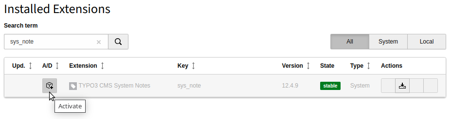Extension Manager showing System Notes extension