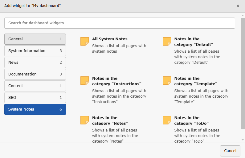 Screenshot of the "Add widget to dashboard" dialogue in tab "System notes"