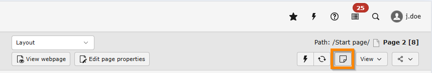 Screenshot demonstrating the location of the "Create internal note" button in the module header of the Page module