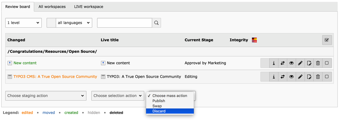 Mass actions menu