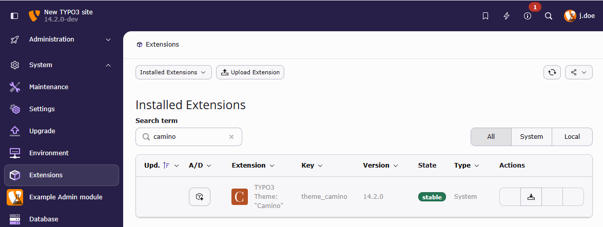 Screenshot of the "System > Extensions" backend module with camino still disabled
