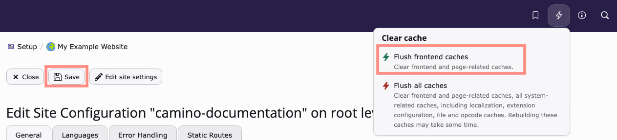 Screenshot of the Clear Cache option