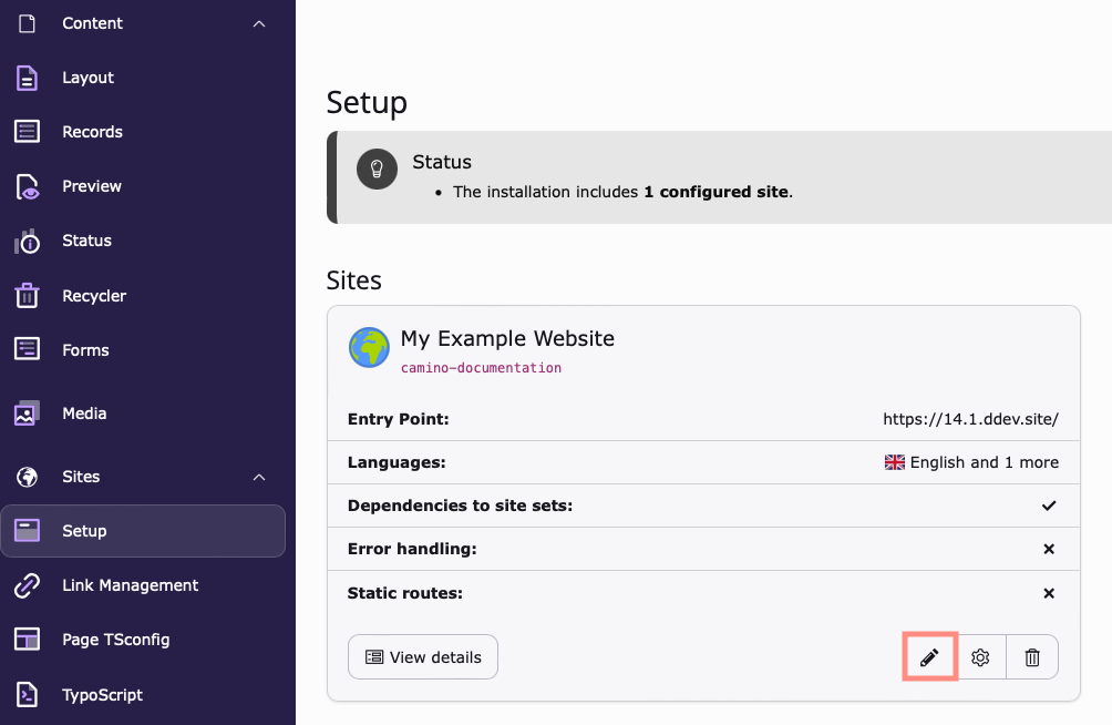 Screenshot of the Site > Setup module