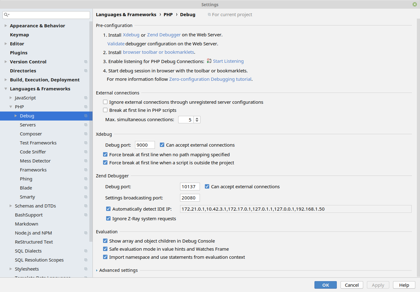 Phpstorm debug settings window