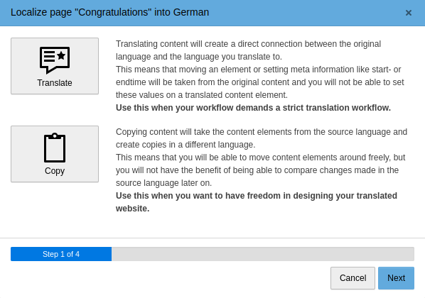 The translation wizard showing localization strategies