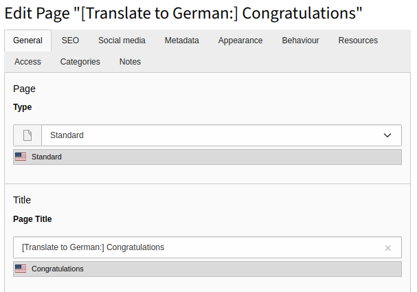 Editing the page fields for an alternative page language