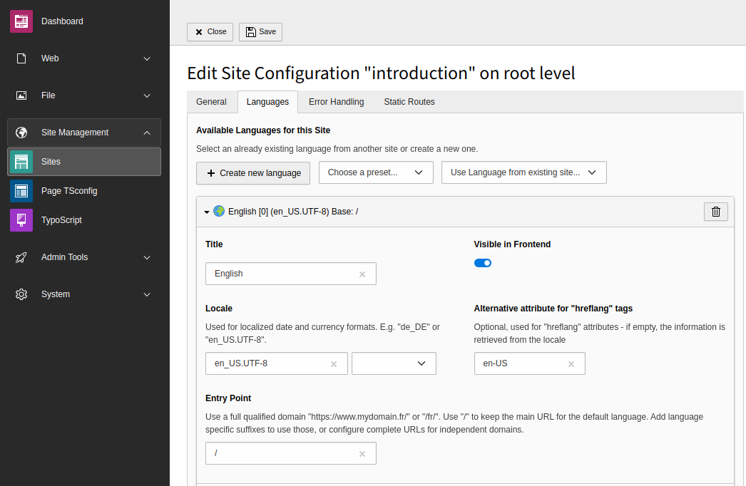 Editing a site configuration