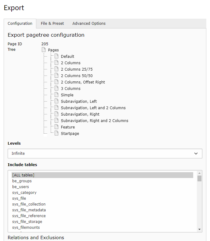 Select the page levels to be exported
