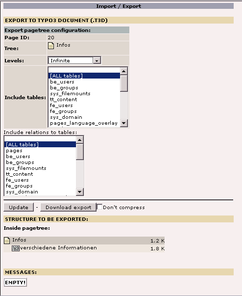 Export module of TYPO3 3.8.0 (year 2005)