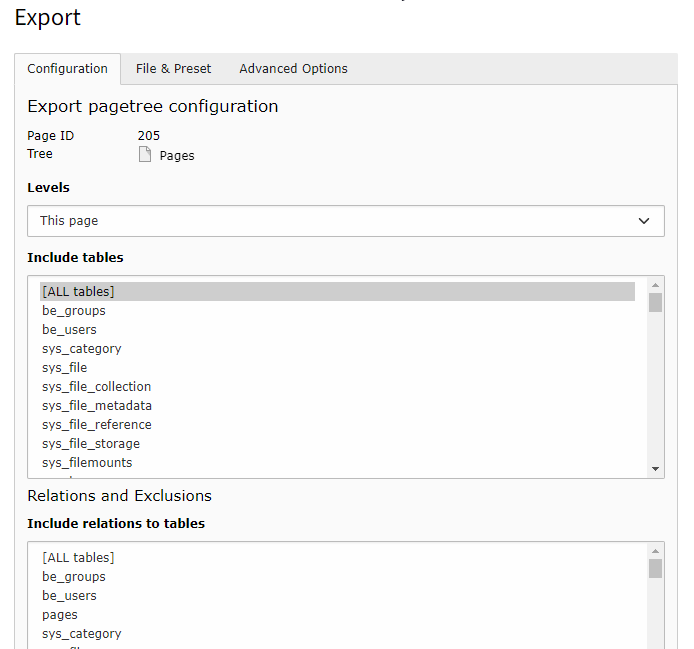 Select the tables to be exported