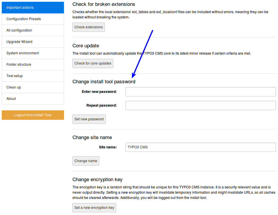 Screen to change the Install Tool password