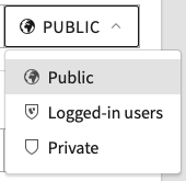 A dropdown menu with three options: Public (selected), Logged-in users, and Private, each with an icon indicating the level of access or security.