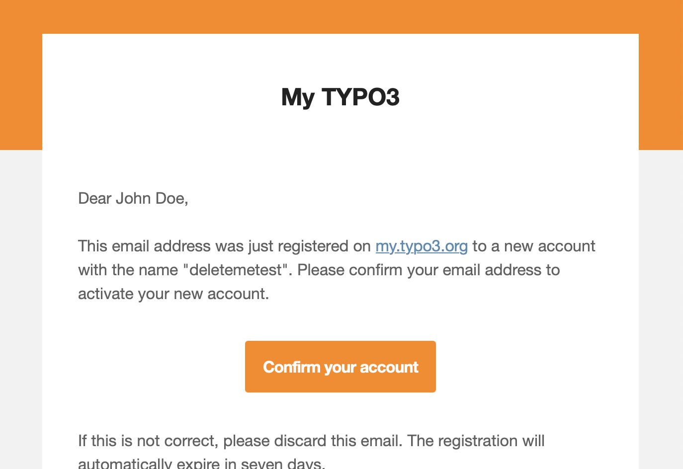 A confirmation email from My TYPO3 asking the user to confirm their account by clicking an orange Confirm your account button.