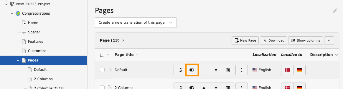 Screenshot of the TYPO3 backend showing the page tree with the page "Pages" selected. To the right is a list of subpages with action buttons for editing, disabling, deleting, and translating.
