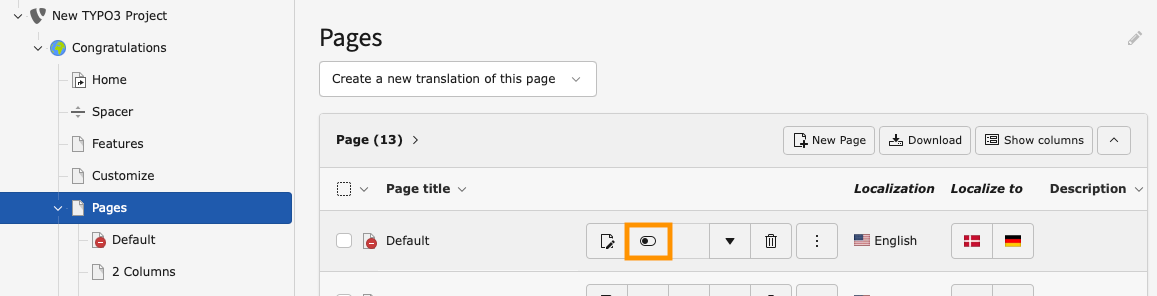 Screenshot of the TYPO3 backend showing the page tree with the page "Pages" selected. To the right is a list of subpages with action buttons for editing, disabling, deleting, and translating.