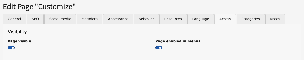 The TYPO3 page properties interface titled "Edit Page Customize" shows tabs like General, SEO, Social media, etc. The Access tab is selected and toggles for Page visible and Page enabled in menus are both switched on.