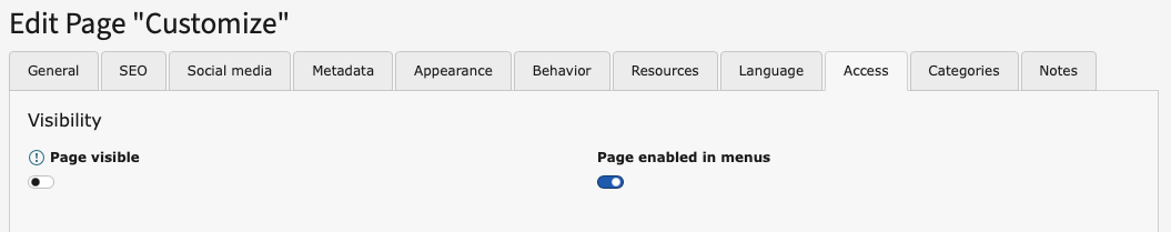 The TYPO3 page properties interface titled "Edit Page Customize" shows tabs like General, SEO, Social media, etc. The Access tab is selected and toggle for Page visible is switched off.