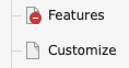 Screenshot of the TYPO3 page tree with two pages named "Features" and "Customize". The first page's icon has a red circle with a white dash icon, while "Customize" has a plain document icon.