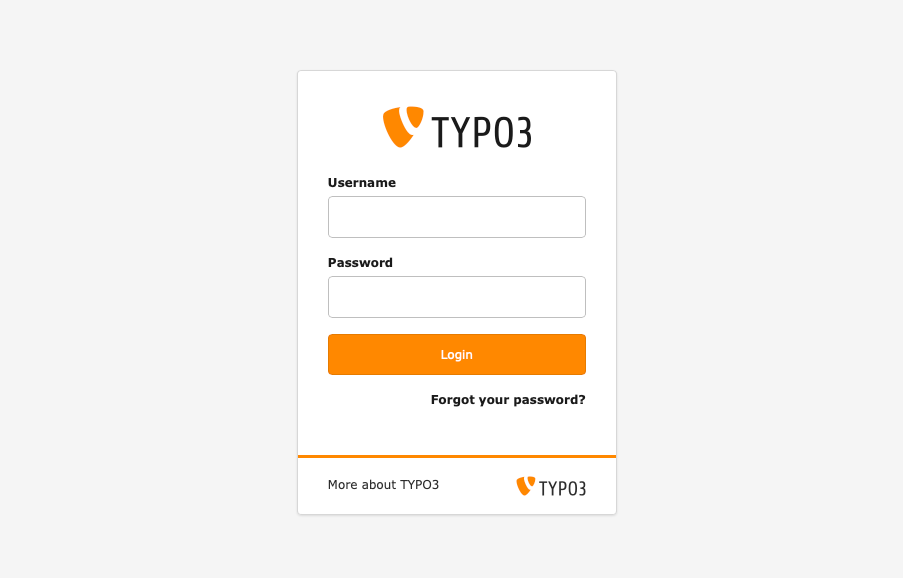 Login page for TYPO3 featuring fields for username and password, an orange Login button, a Forgot your password? link, and TYPO3 branding at the top and bottom.