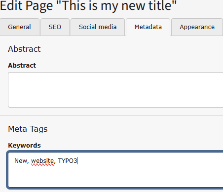 TYPO3 page properties provide a field to modify the Metadate Keywords.