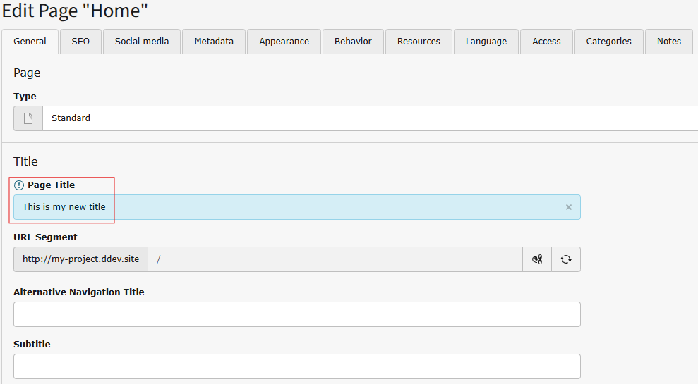 TYPO3 page properties provide a field to modify the Page title.