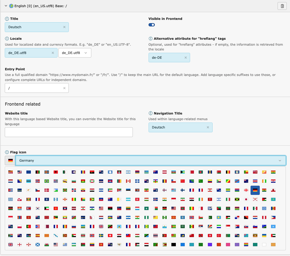 The Language Configurations Form displaying the changed Configuration for German now with multiple options like Title, Locale, Entry Point and Navigation Title