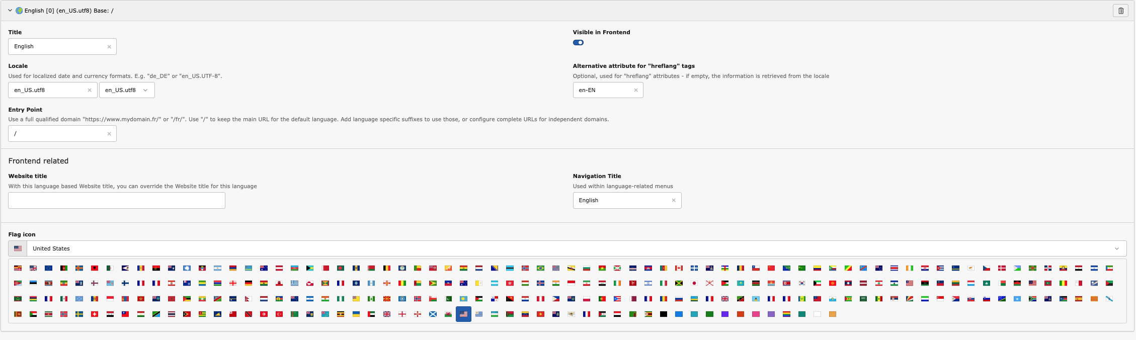 The Language Configurations Form displaying the Configuration for English with multiple options like Title, Locale, Entry Point and Navigation Title