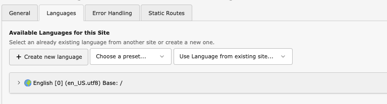 Site Configuration Menu displays four tabs: General, Languages (highlighted), Error Handling and Static Routes