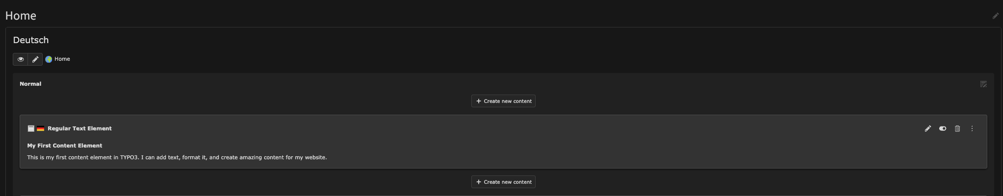 The Page module displaying the newly created content element in the content area.