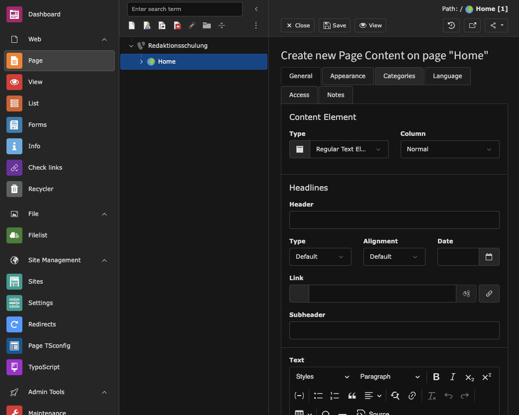 The content element editor showing fields for header, type, and text content.